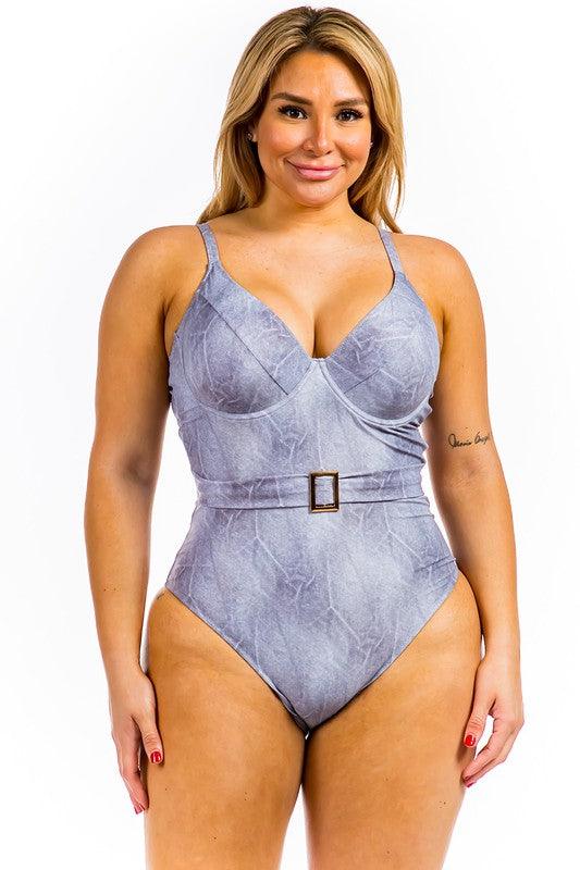 One Piece Buckle Belt embellish Denim Swimsuit - Lucianne Boutique