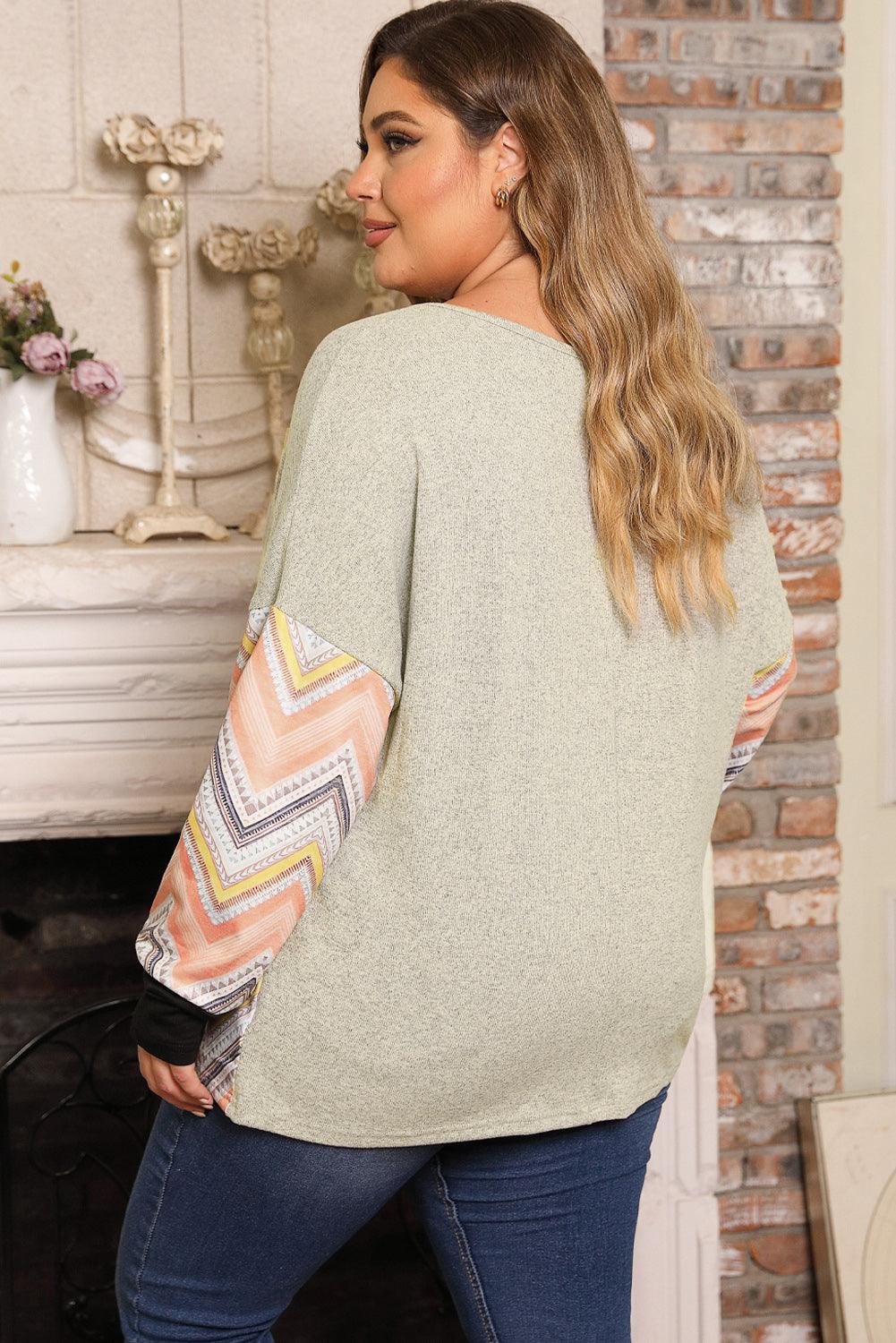 Plus Size Exposed Seam Print Long Sleeve T-Shirt - Lucianne Boutique