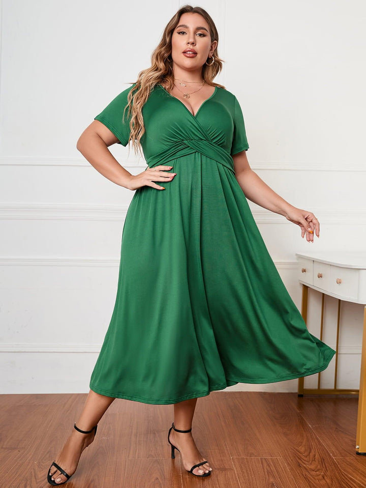 Plus Size Short Sleeve Surplice Neck Midi Dress - Lucianne Boutique