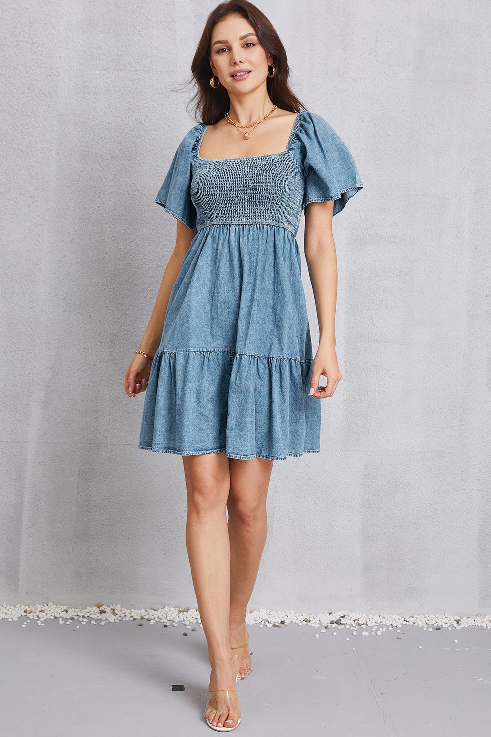 Smocked Square Neck Mini Denim Dress - Lucianne Boutique