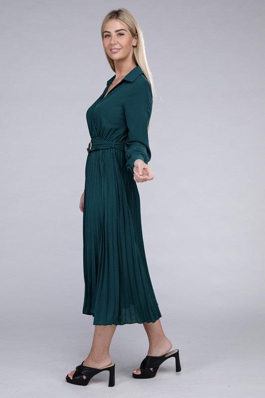 Pleated Maxi Dress with belt - Lucianne Boutique