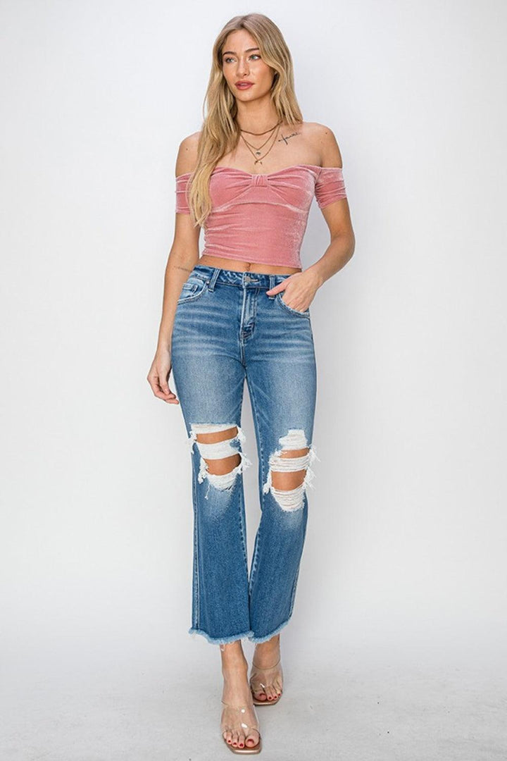 RISEN Mid Rise Distressed Cropped Flare Jeans - Lucianne Boutique