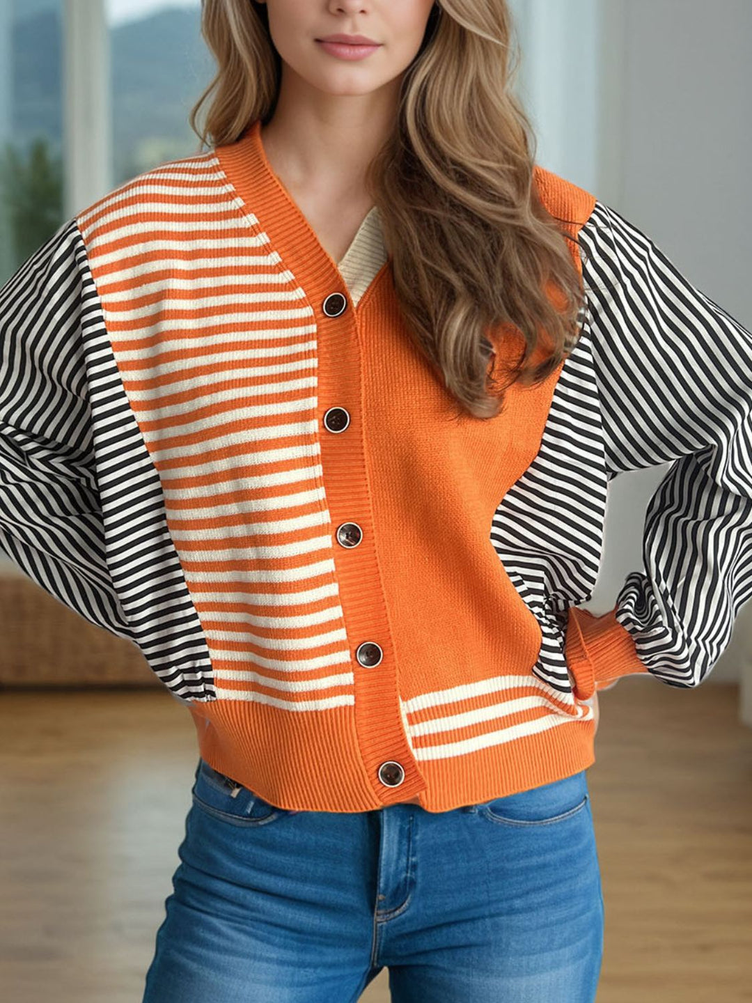 Striped Button Down Long Sleeve Cardigan