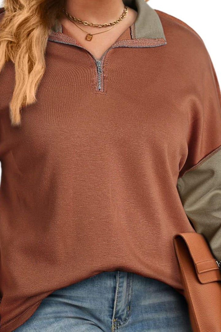 Plus Size Exposed Seam Color Block Quarter Zip Sweatshirt - Lucianne Boutique
