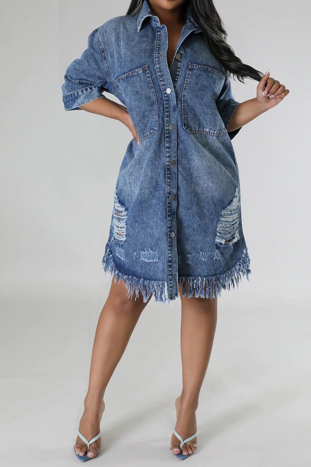 Distressed Raw Hem Button Up Denim Dress - Lucianne Boutique