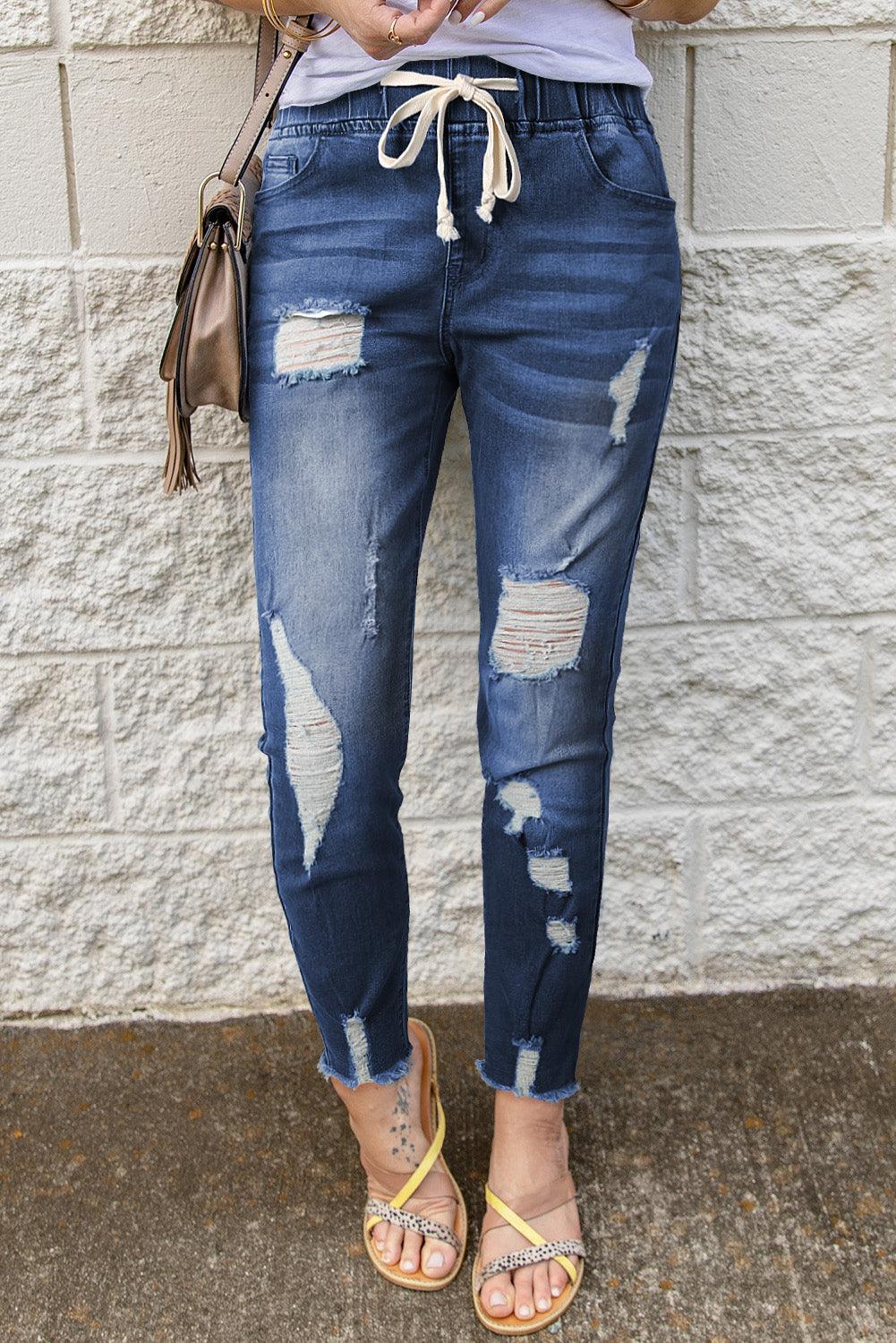Drawstring Distressed Raw Hem Jeans with Pockets - Lucianne Boutique