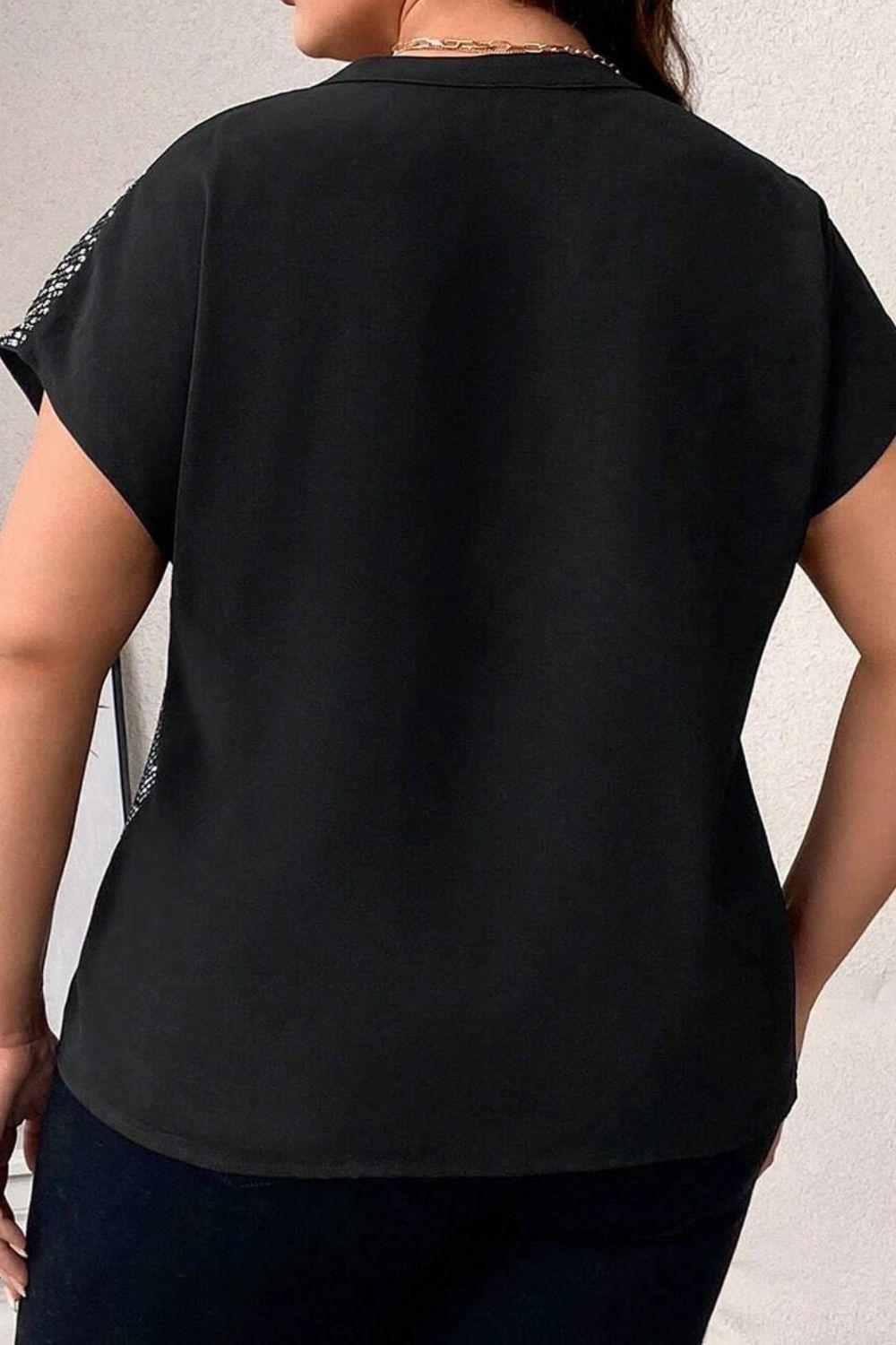 Plus Size Sequin Notched Short Sleeve T-Shirt - Lucianne Boutique