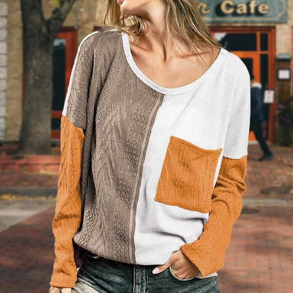 Cable knit color block round neck sweater - Lucianne Boutique