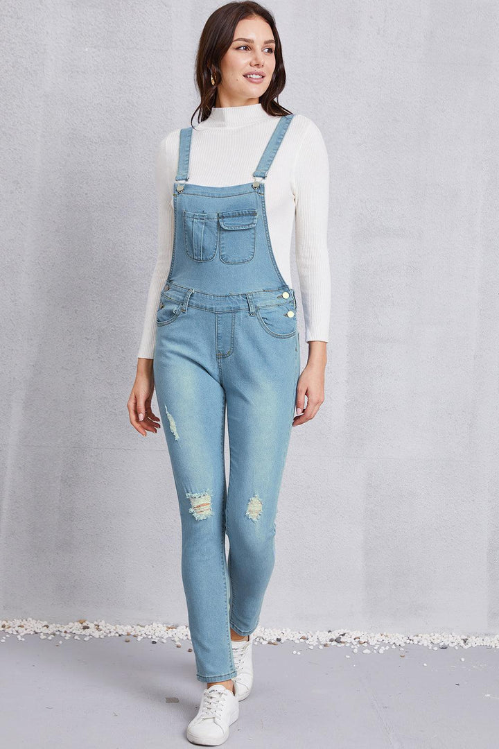 Distressed Washed Denim Overalls with Pockets - Lucianne Boutique