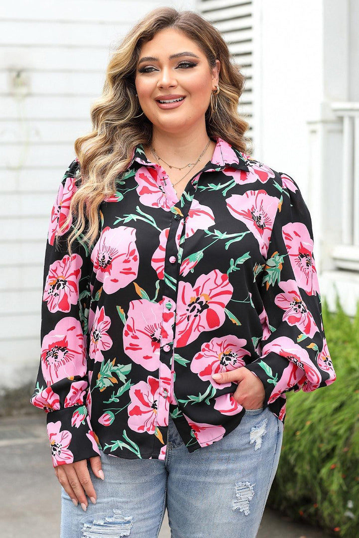 Plus Size Printed Collared Neck Long Sleeve Shirt - Lucianne Boutique