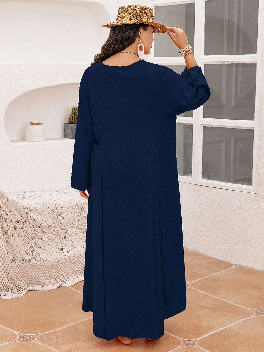 Plus Size Tie Neck Long Sleeve Slit Dress - Lucianne Boutique