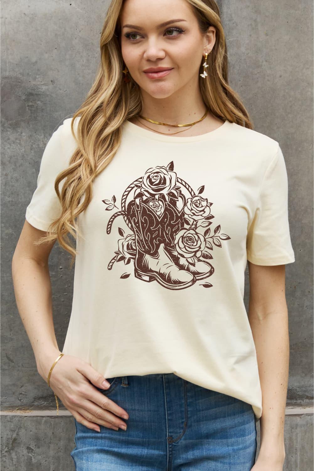 Simply Love Full Size Cowboy Boots Flower Graphic Cotton Tee - Lucianne Boutique
