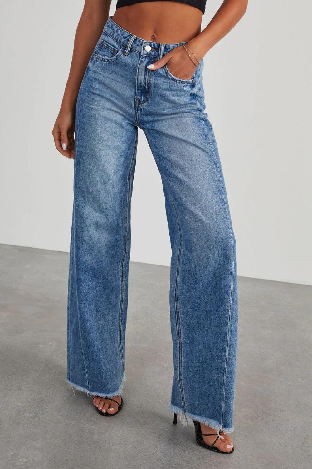 Raw Hem Wide Leg Jeans with Pockets - Lucianne Boutique