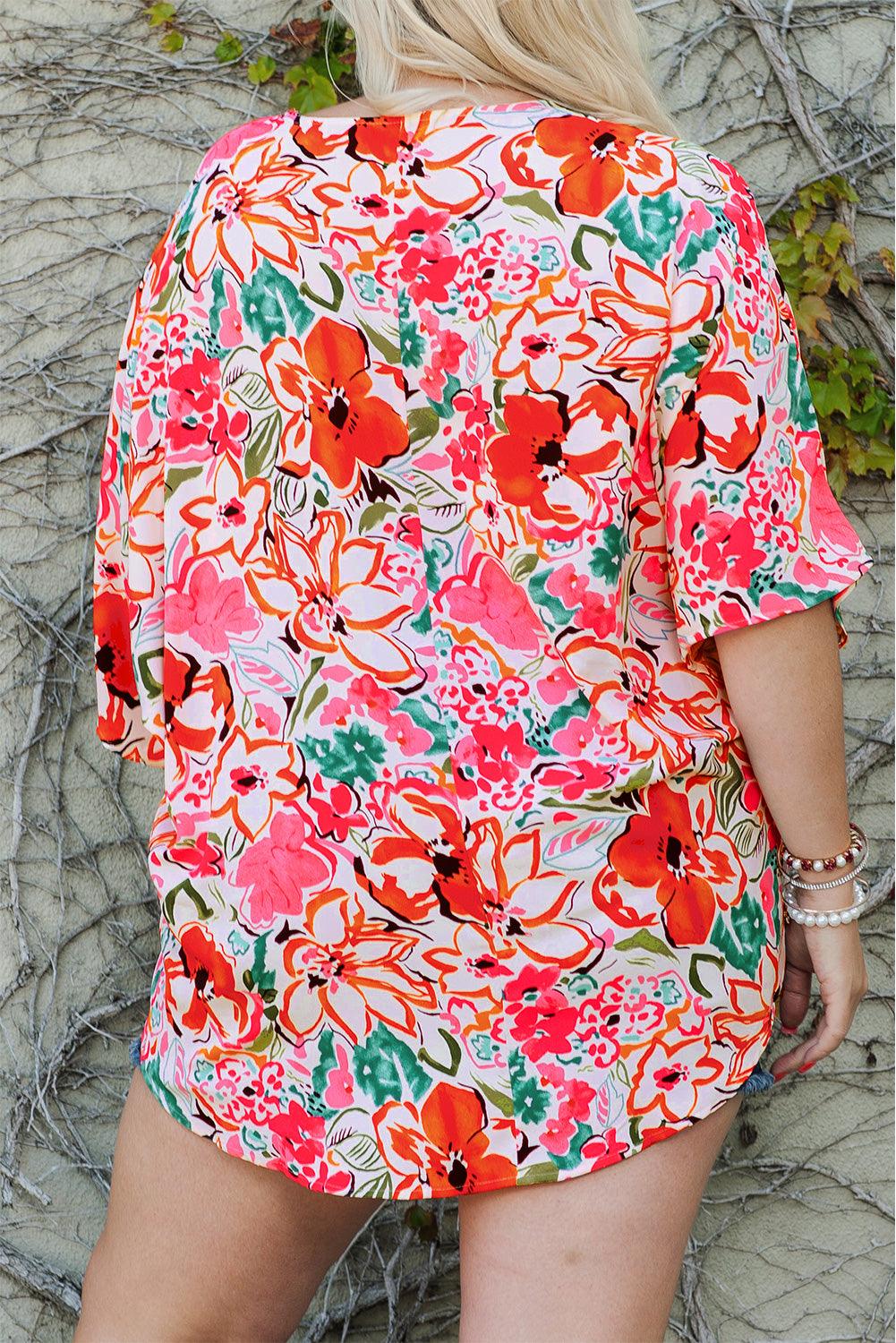 Plus Size Floral V-Neck Half Sleeve Shirt - Lucianne Boutique
