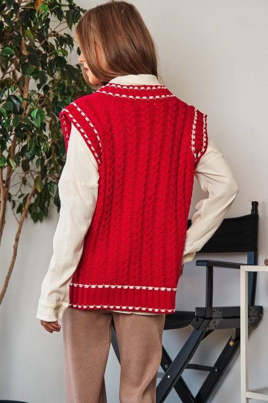 Solid V-Neck Sleeveless Pocket Detail Sweater Vest - Lucianne Boutique