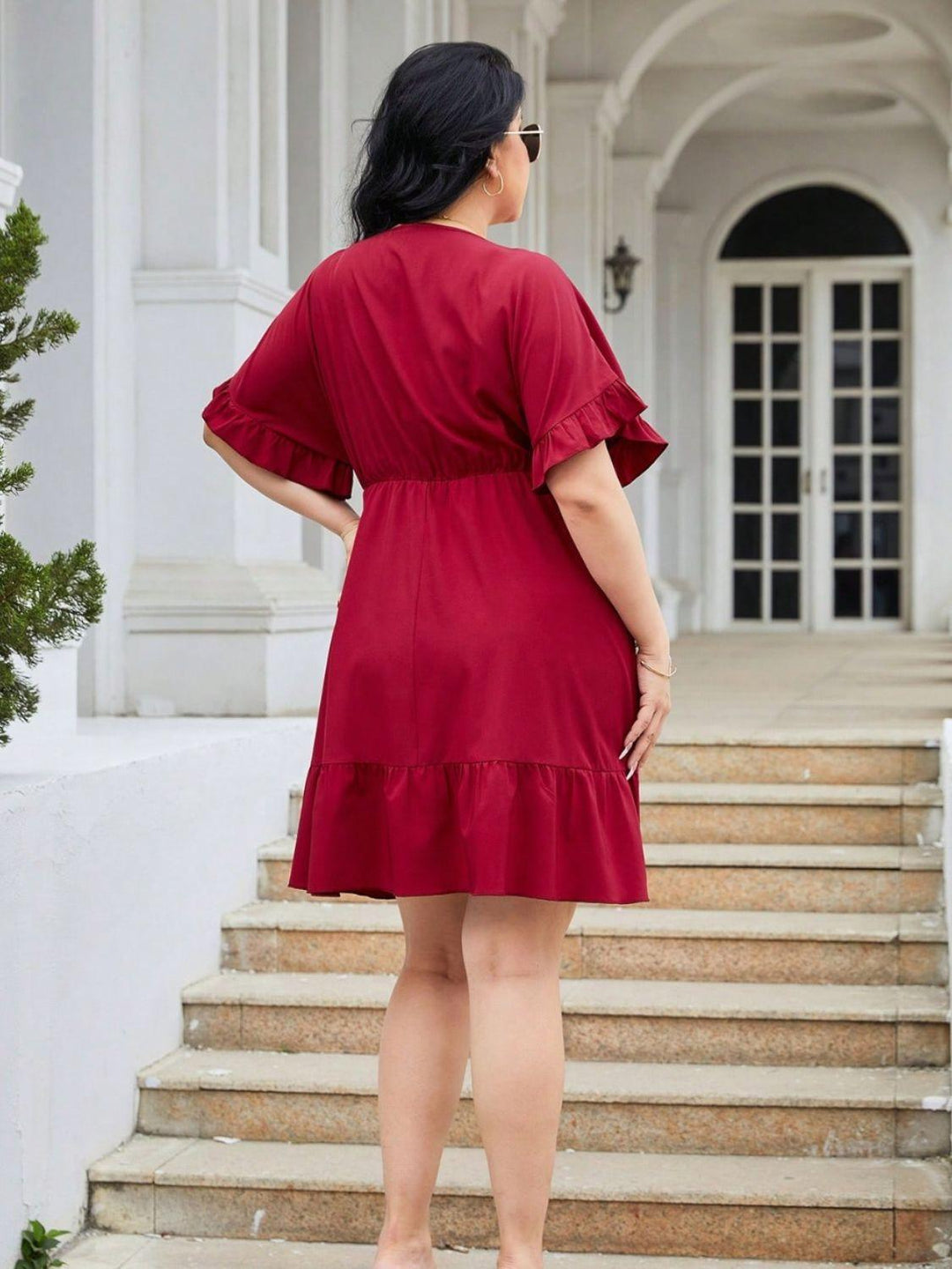 Plus Size Ruched Surplice Flounce Sleeve Mini Dress - Lucianne Boutique