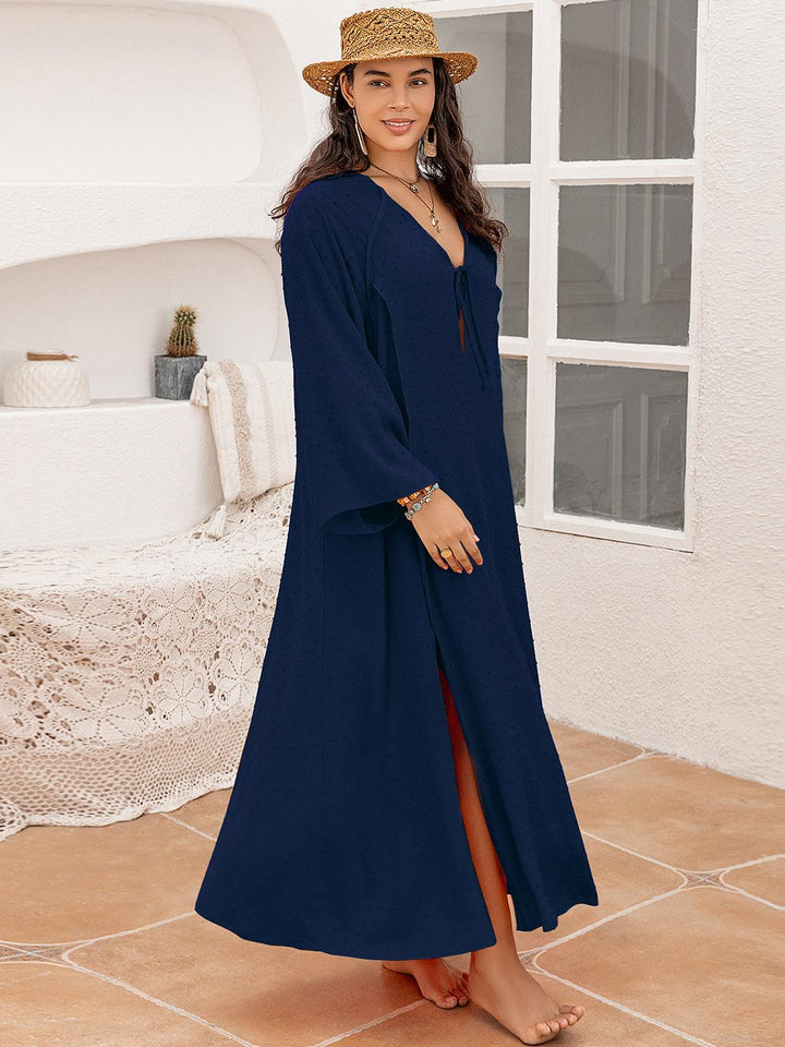 Plus Size Tie Neck Long Sleeve Slit Dress - Lucianne Boutique