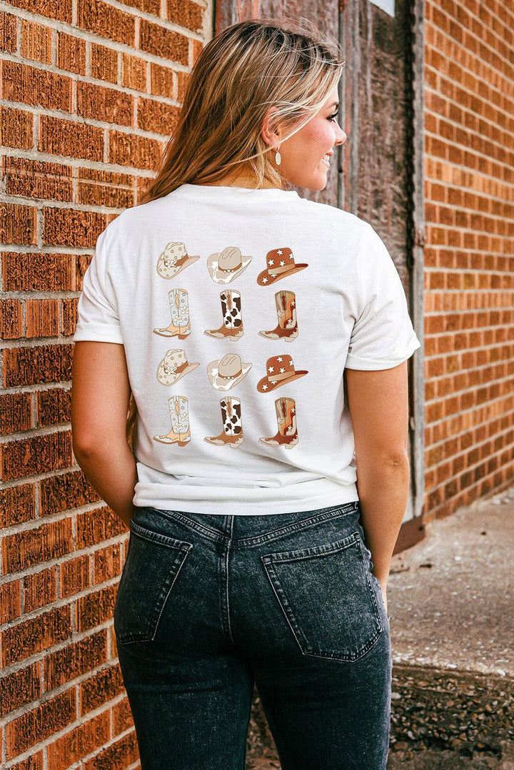 Round Neck Short Sleeve Cowboy Theme T-Shirt - Lucianne Boutique