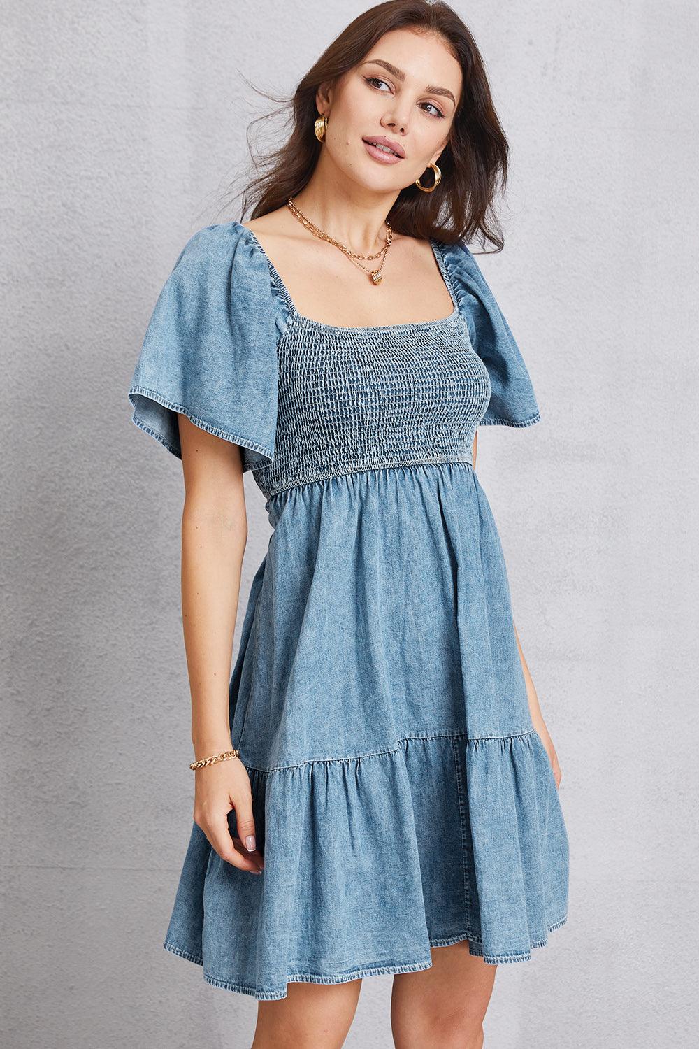 Smocked Square Neck Mini Denim Dress - Lucianne Boutique