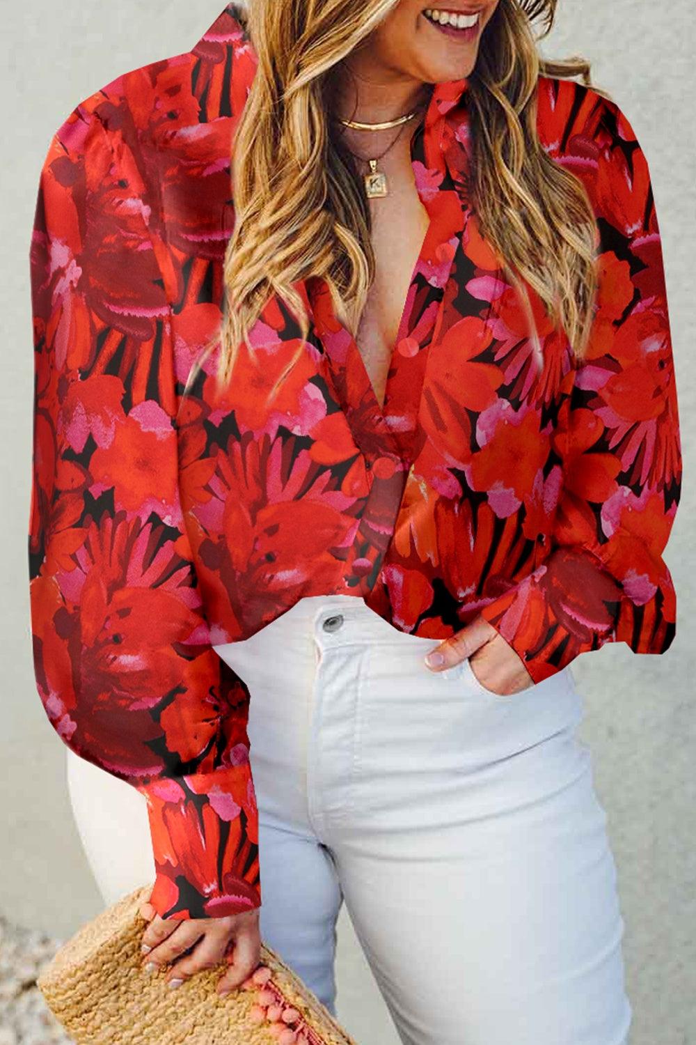 Plus Size Printed Collared Neck Long Sleeve Shirt - Lucianne Boutique