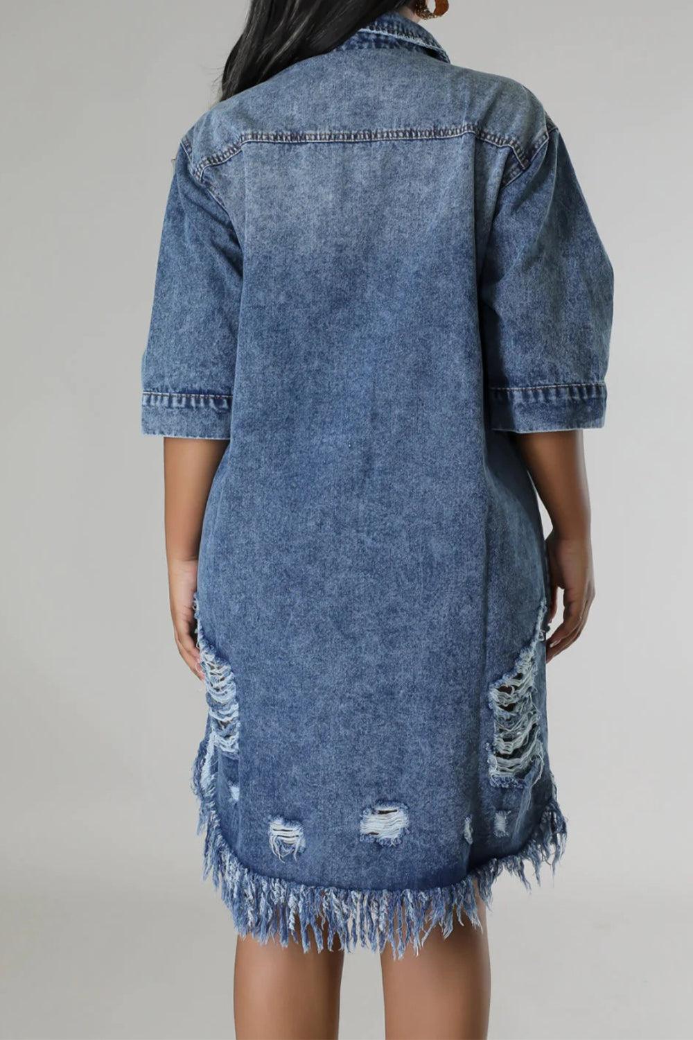 Distressed Raw Hem Button Up Denim Dress - Lucianne Boutique