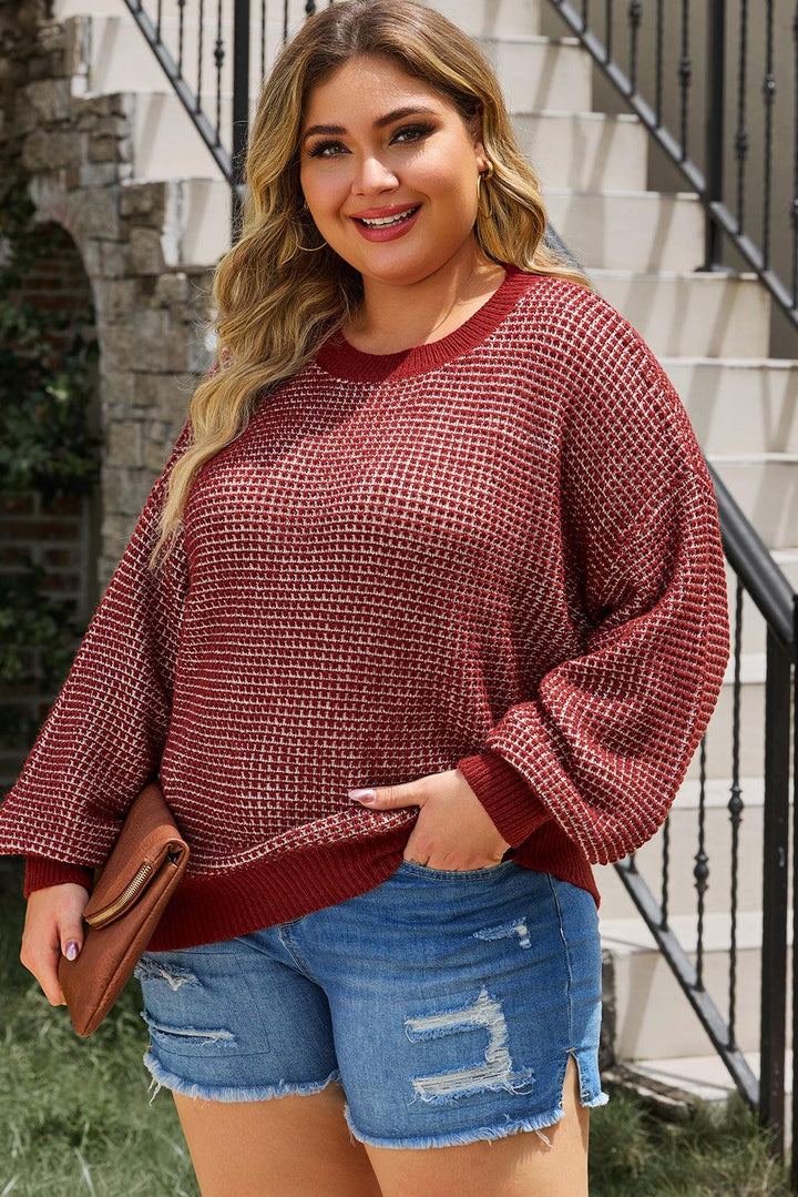 Plus Size Waffle-Knit Round Neck Dropped Shoulder Sweater - Lucianne Boutique