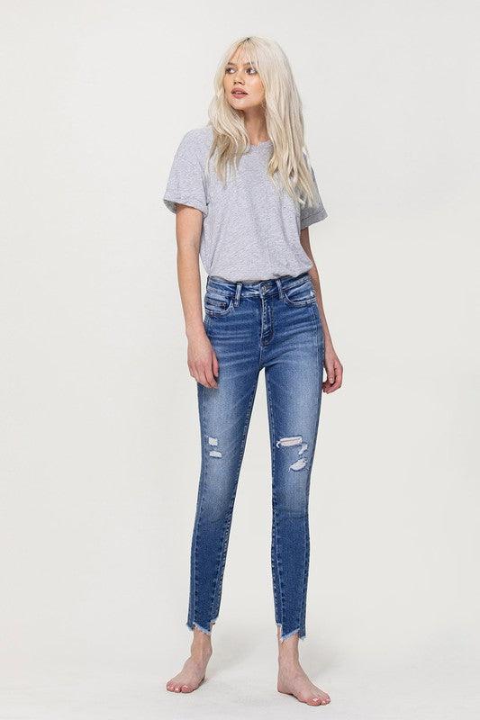 HIGH RISE ANKLE SKINNY W UNEVEN HEM DETAIL - Lucianne Boutique