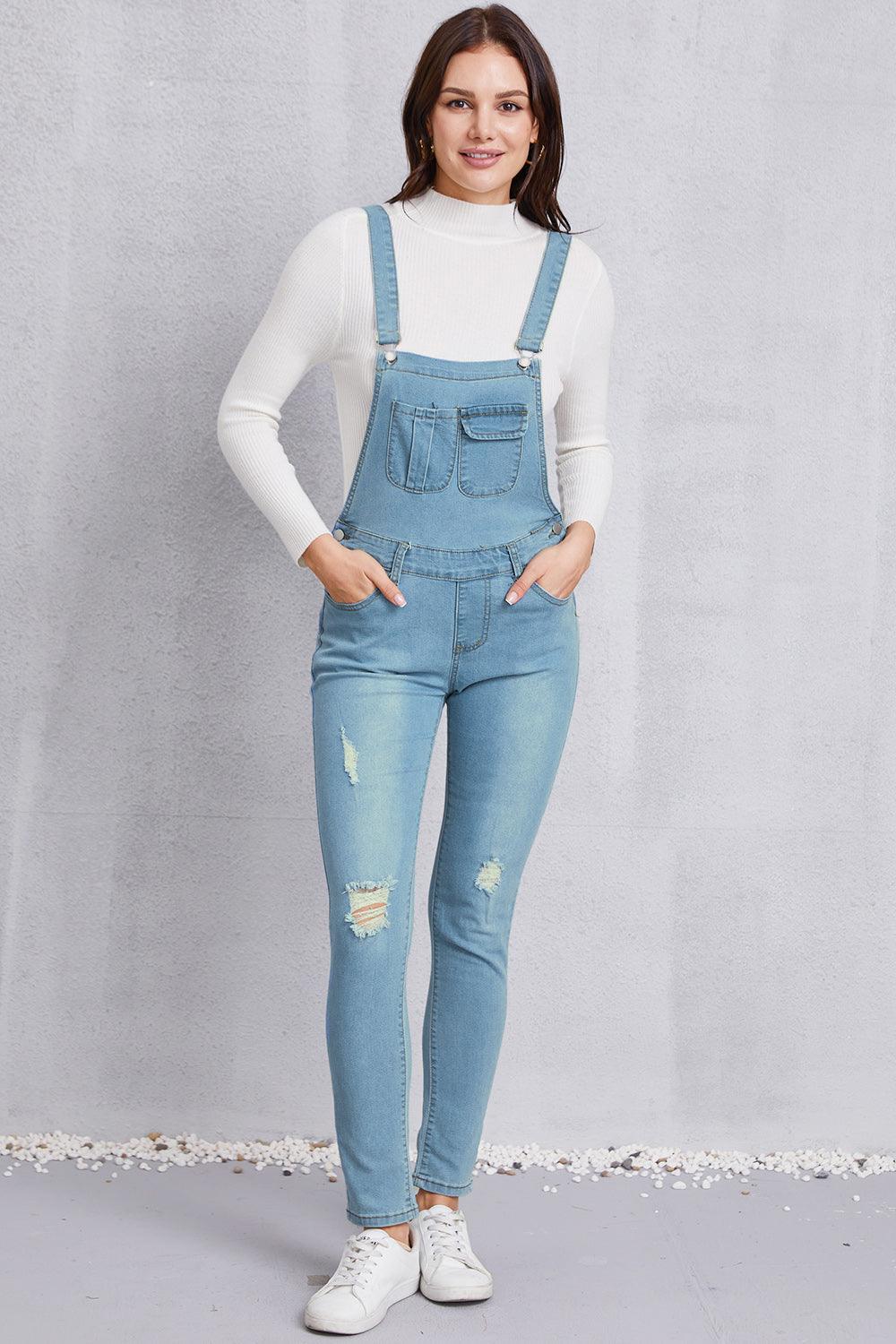 Distressed Washed Denim Overalls with Pockets - Lucianne Boutique