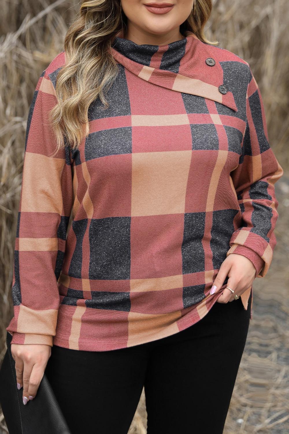 Plus Size Plaid Cowl Neck Long Sleeve Sweatshirt - Lucianne Boutique