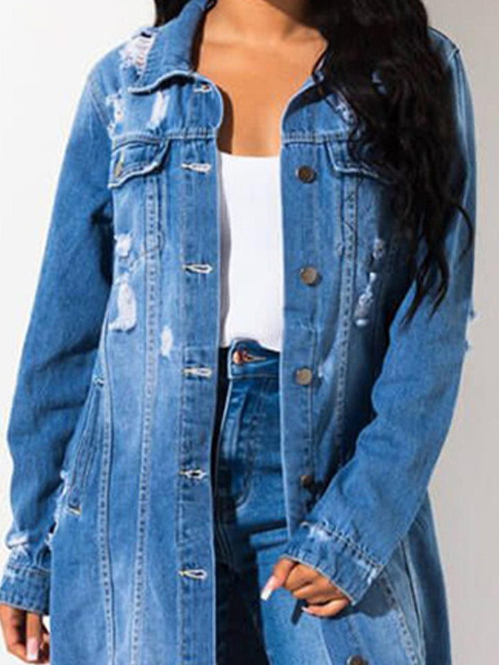 Long Sleeve Raw Hem Denim Jacket - Lucianne Boutique