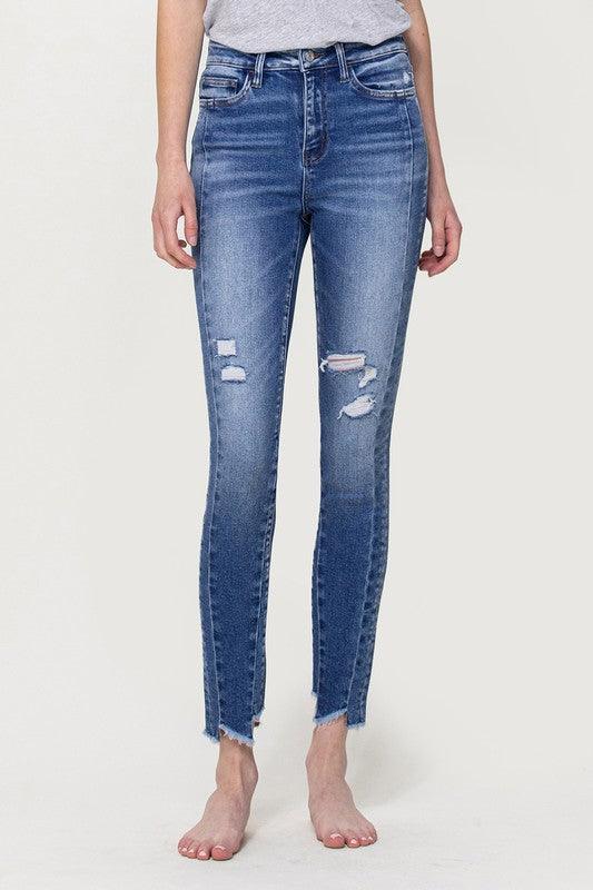 HIGH RISE ANKLE SKINNY W UNEVEN HEM DETAIL - Lucianne Boutique