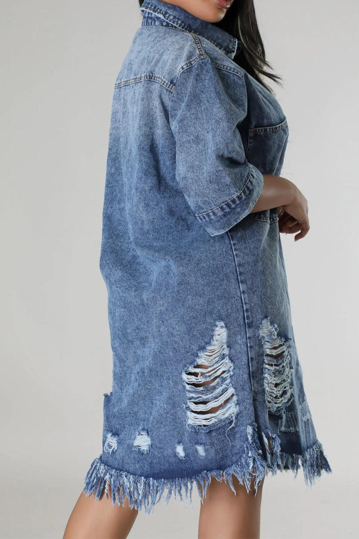 Distressed Raw Hem Button Up Denim Dress - Lucianne Boutique