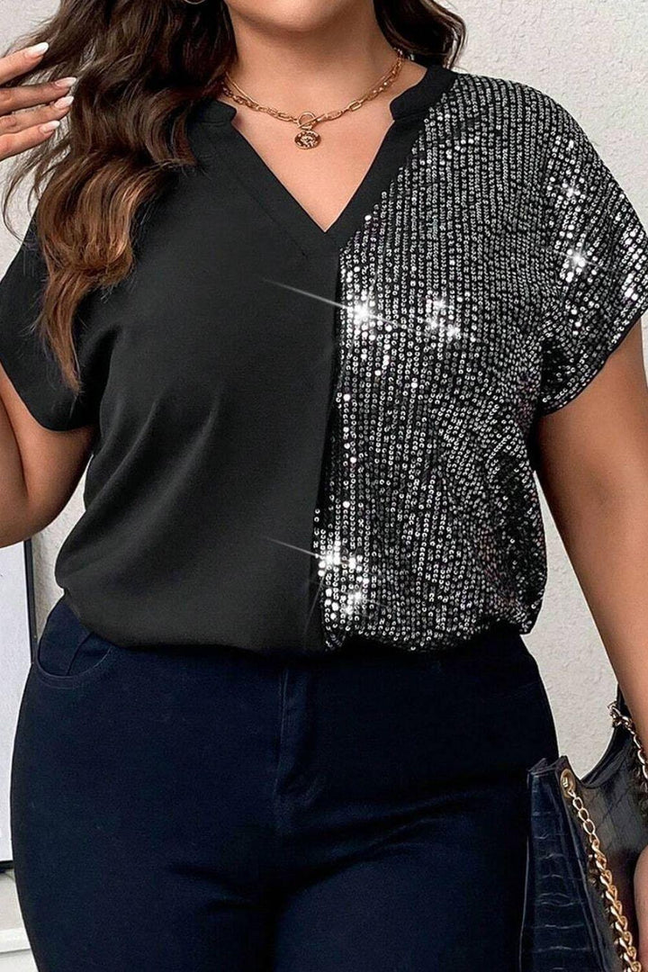 Plus Size Sequin Notched Short Sleeve T-Shirt - Lucianne Boutique