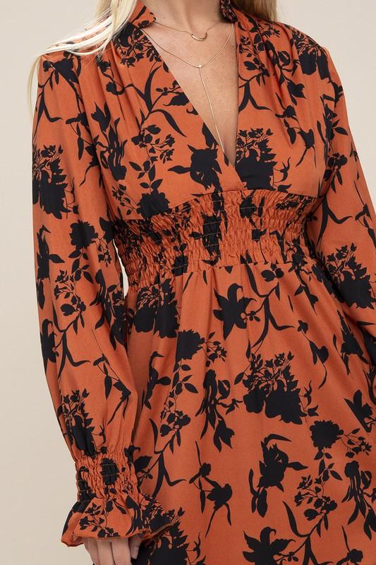 Floral Print Bishop Sleeve Shirred Dress - Lucianne Boutique