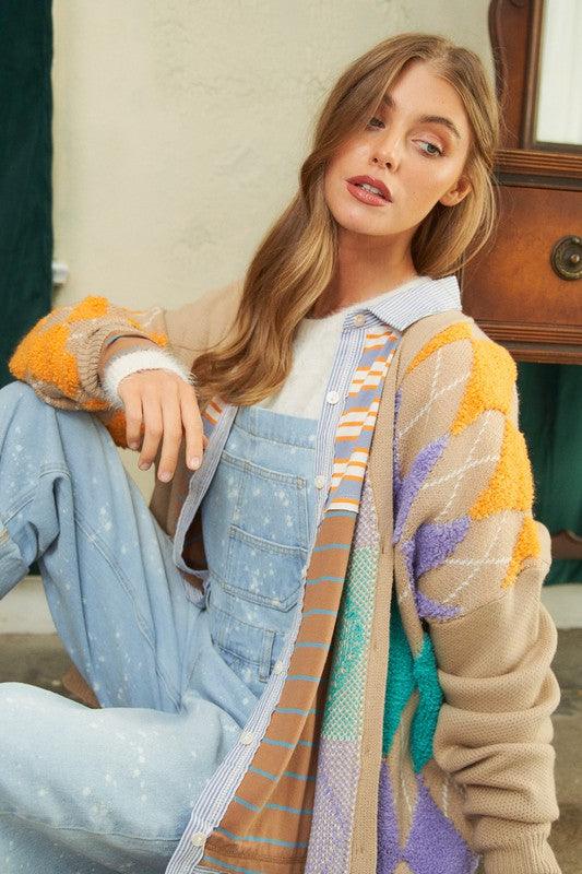 Plush Argyle Button Front Loose Fit Knit Cardigan - Lucianne Boutique