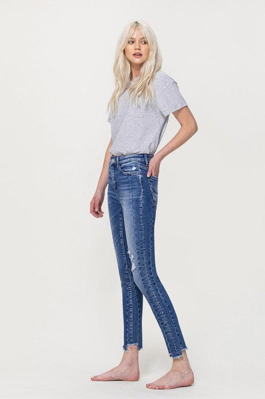 HIGH RISE ANKLE SKINNY W UNEVEN HEM DETAIL - Lucianne Boutique