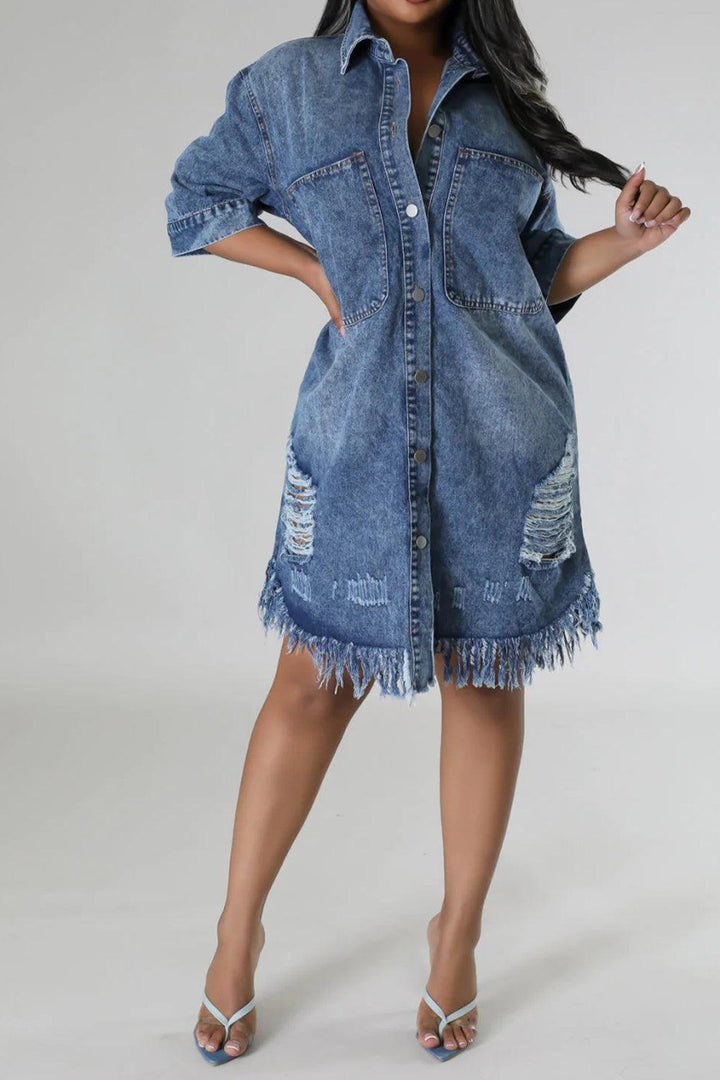 Distressed Raw Hem Button Up Denim Dress - Lucianne Boutique