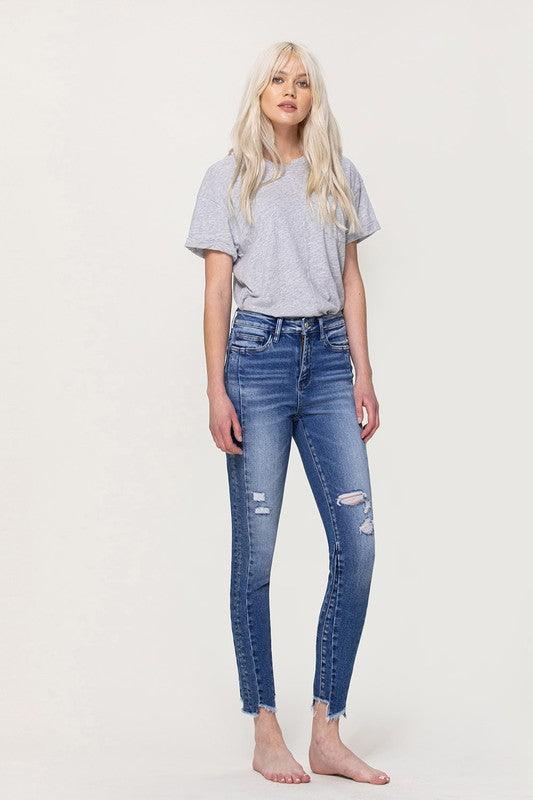 HIGH RISE ANKLE SKINNY W UNEVEN HEM DETAIL - Lucianne Boutique