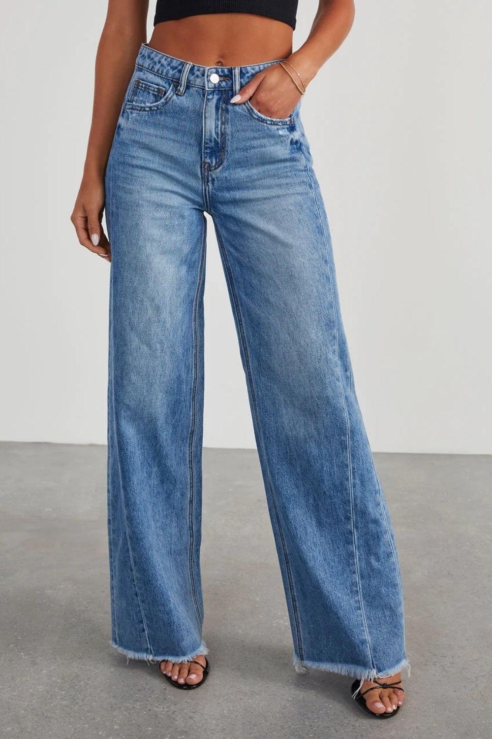 Raw Hem Wide Leg Jeans with Pockets - Lucianne Boutique