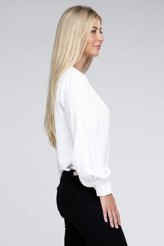 Woven Airflow V-Neck Long Sleeve Top - Lucianne Boutique