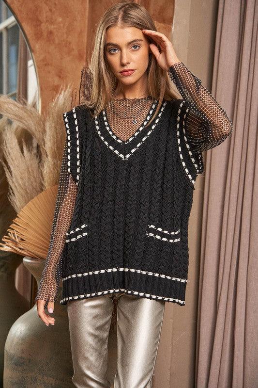 Solid V-Neck Sleeveless Pocket Detail Sweater Vest - Lucianne Boutique