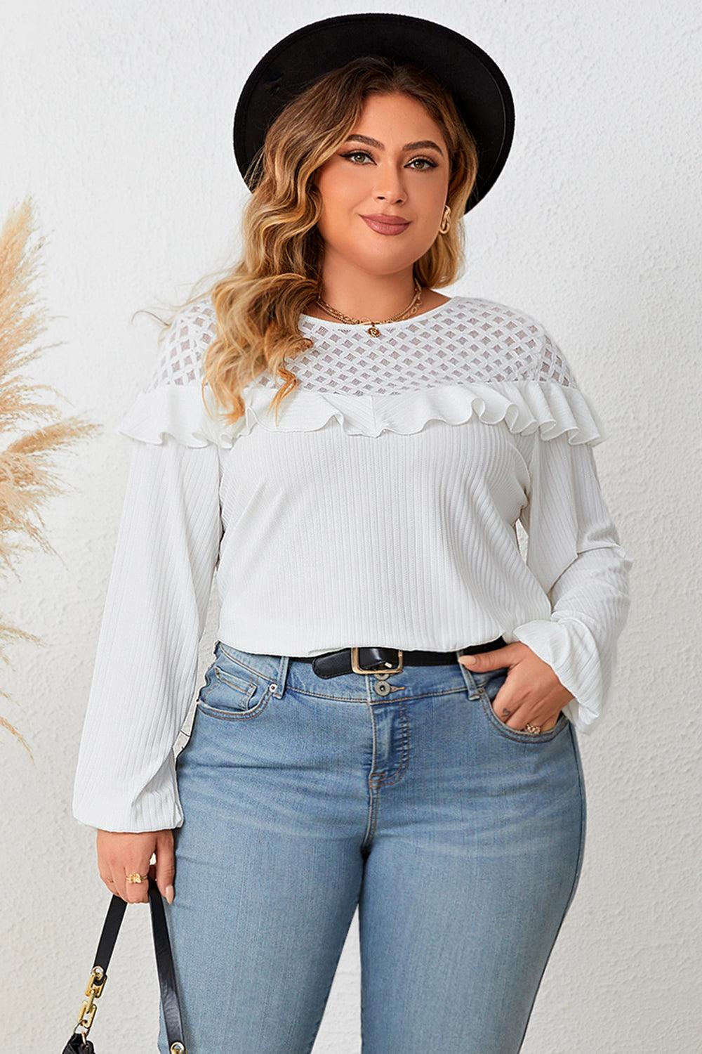 Plus Size Ruffled Round Neck Long Sleeve Blouse - Lucianne Boutique