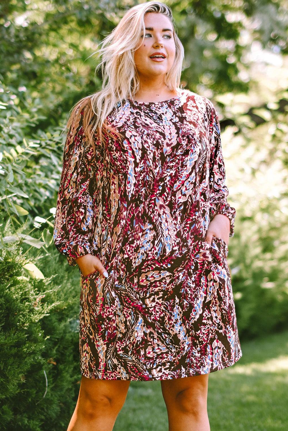 Plus Size Printed Round Neck Long Sleeve Mini Dress - Lucianne Boutique