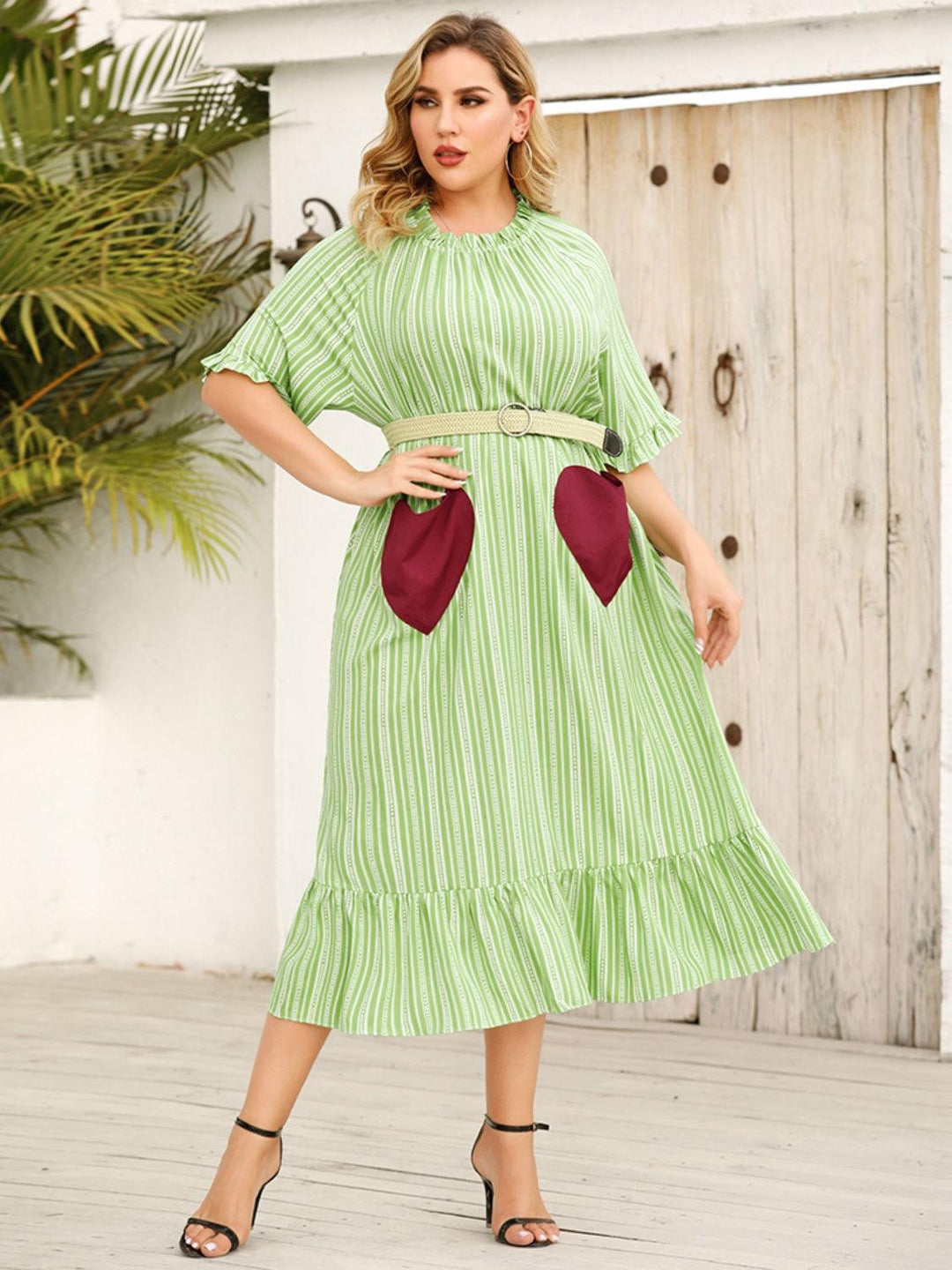 Plus Size Frill Heart Striped Half Sleeve Dress - Lucianne Boutique