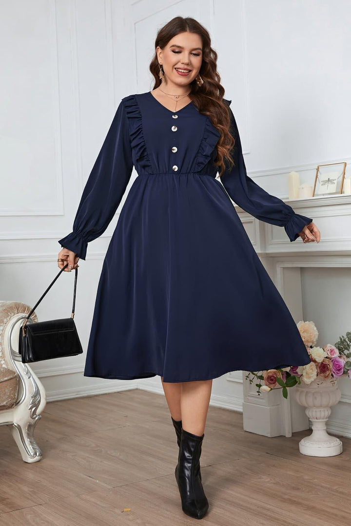 Melo Apparel Plus Size V-Neck Buttoned Flounce Sleeve Dress - Lucianne Boutique