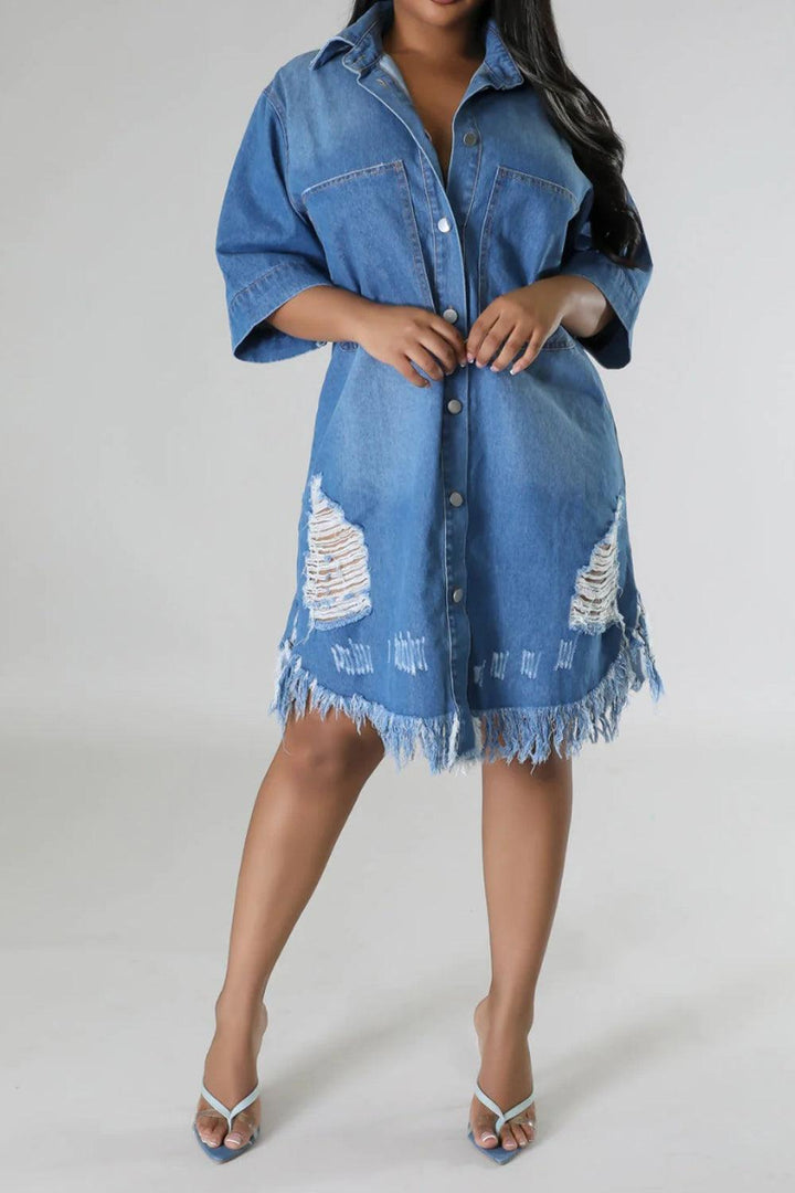 Distressed Raw Hem Button Up Denim Dress - Lucianne Boutique