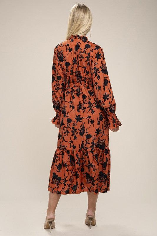 Floral Print Bishop Sleeve Shirred Dress - Lucianne Boutique