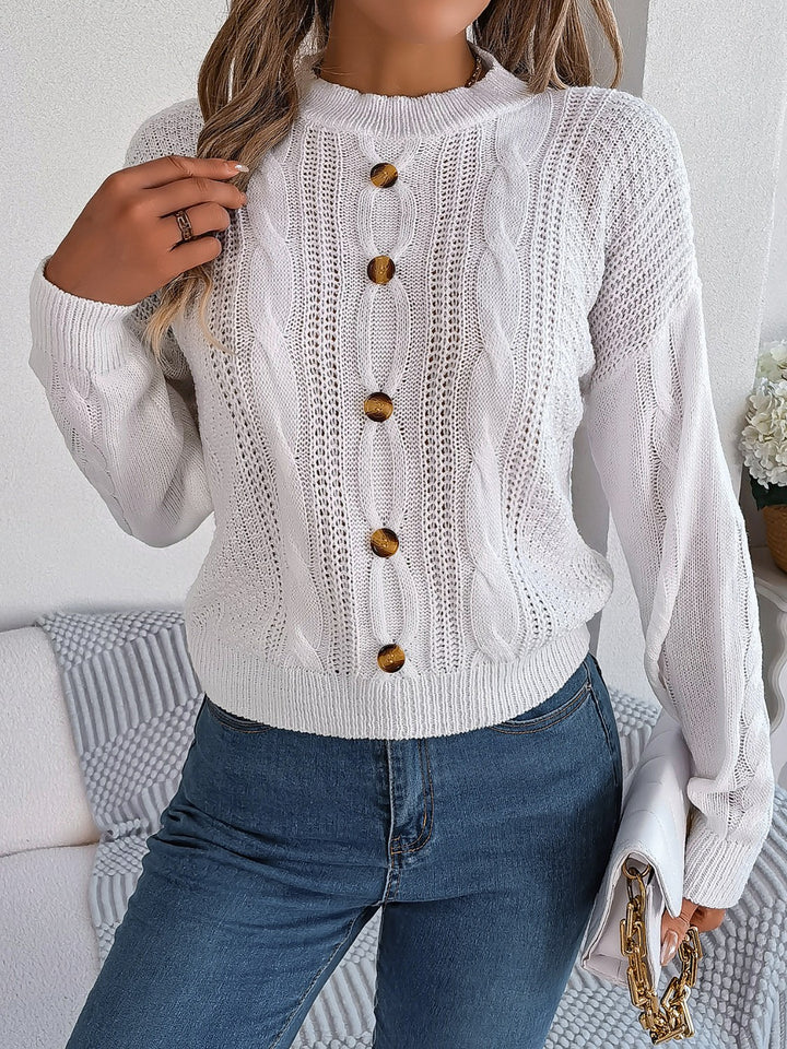 Cable-Knit Buttoned Round Neck Sweater