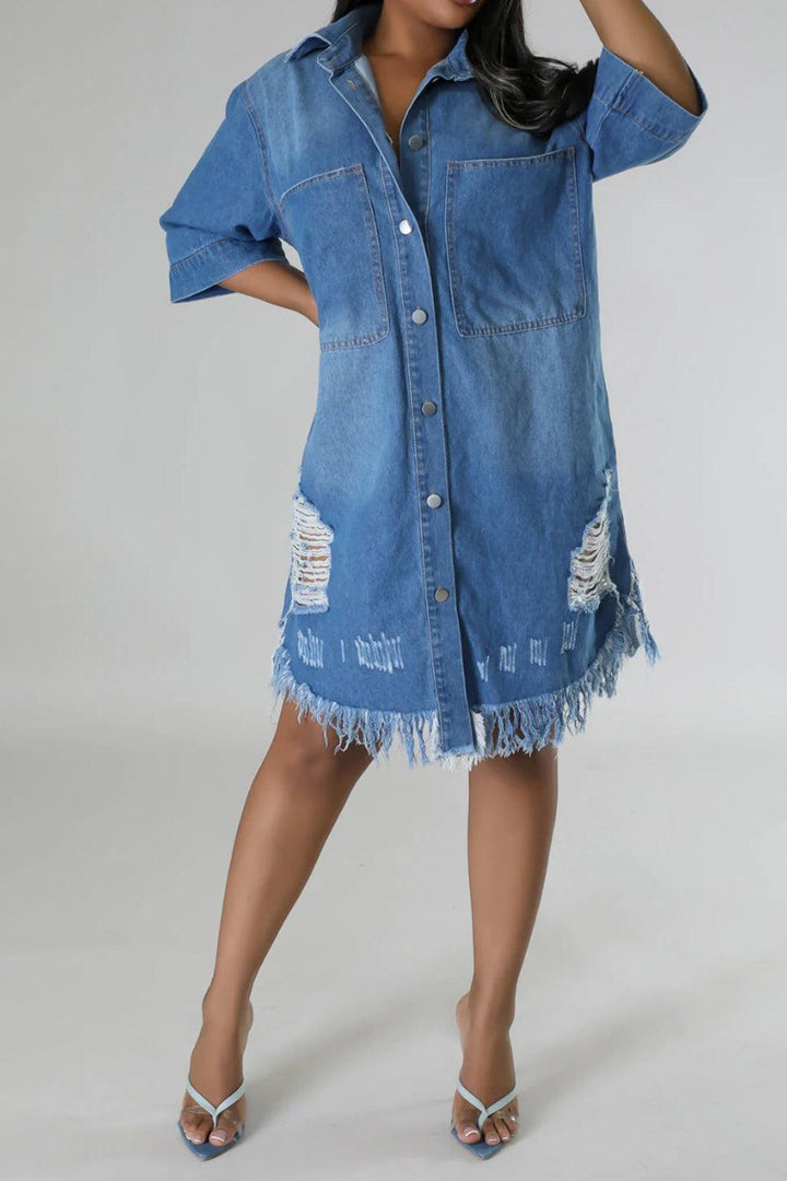 Distressed Raw Hem Button Up Denim Dress - Lucianne Boutique