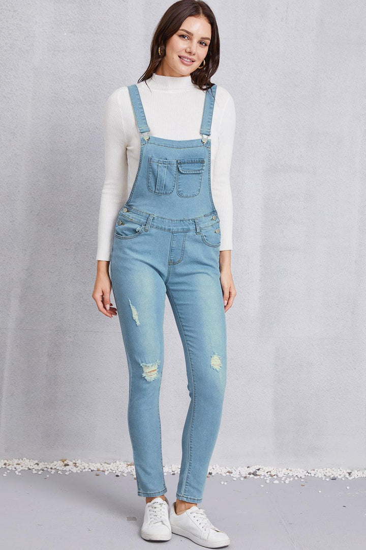 Distressed Washed Denim Overalls with Pockets - Lucianne Boutique